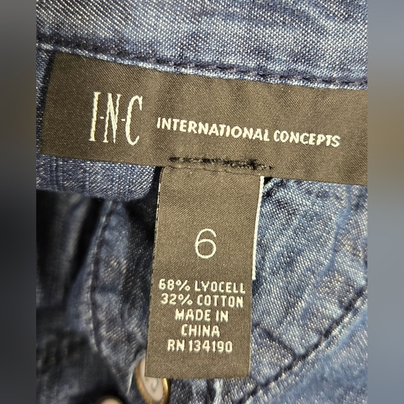 INC 6 Blue Denim Long Sleeve Button Down Shirt Top Collared V Neck Pockets - Picture 4 of 5